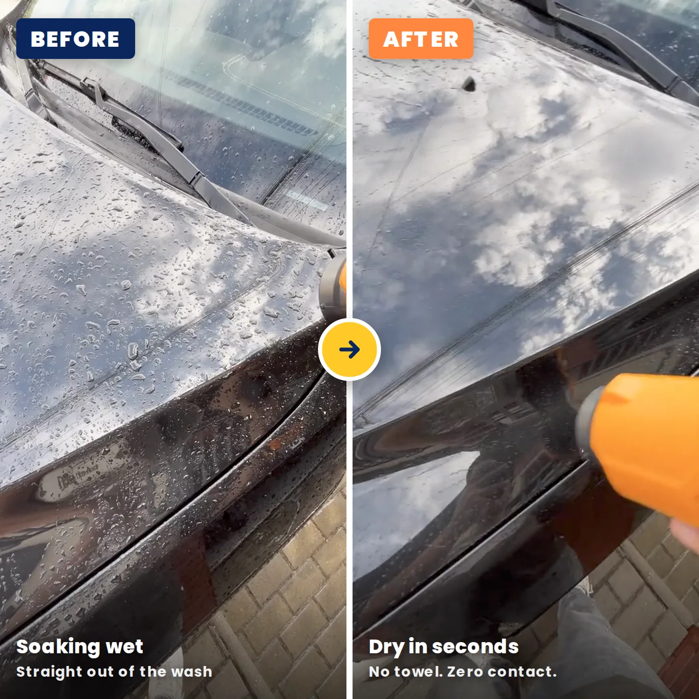 Before and after: a black car hood covered in water beads, then the same hood dry and mirror-clear with the SuperLeafBlower in frame