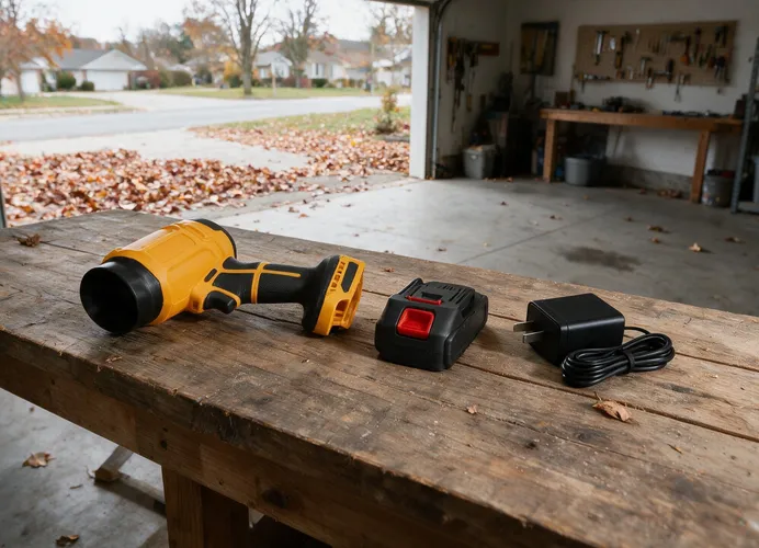 SuperLeafBlower, 21V battery and fast charger on a workbench