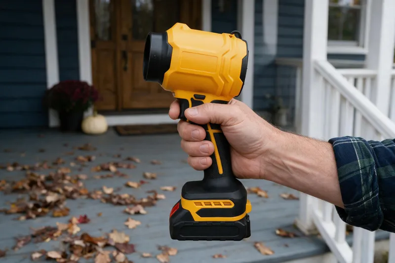 Hand holding the SuperLeafBlower by its grip, ready to switch on
