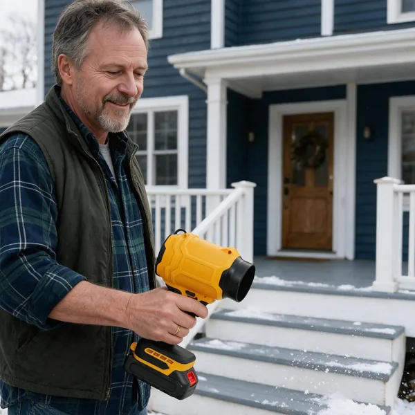 Homeowner holding the SuperLeafBlower by his porch steps under a light dusting of fresh snow